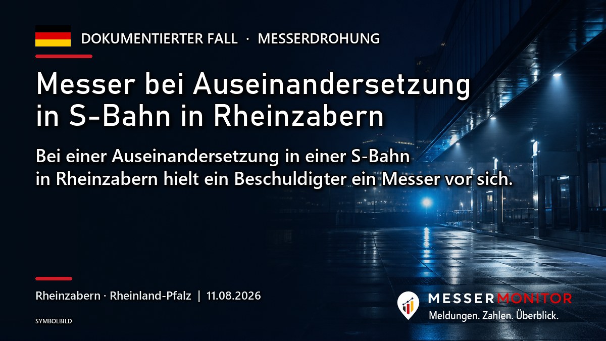 Titelgrafik: Messer bei Auseinandersetzung in S-Bahn in Rheinzabern. Bei einer Auseinandersetzung in einer S-Bahn in Rheinzabern hielt ein Beschuldigter ein Messer vor sich..