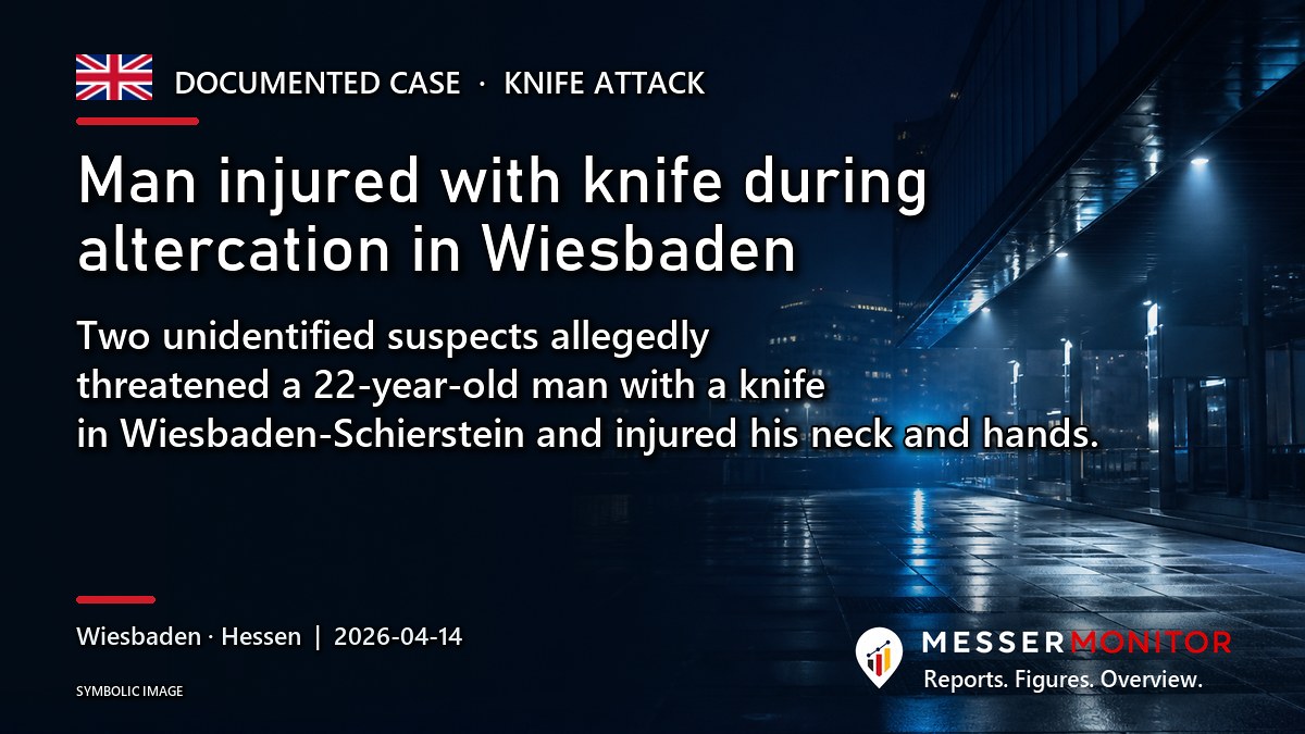 Title image: Man injured with knife during altercation in Wiesbaden. Two unidentified suspects allegedly threatened a 22-year-old man with a knife in Wiesbaden-Schierstein and injured his neck and hands..
