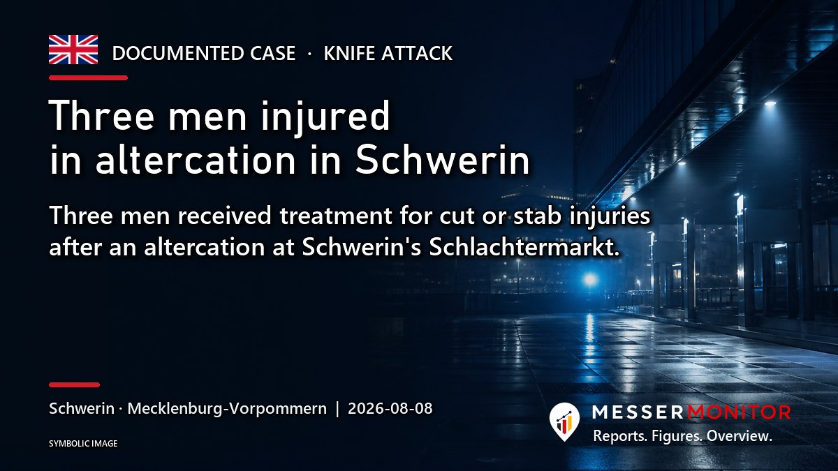 Title image: Three men injured in altercation in Schwerin. Three men received treatment for cut or stab injuries after an altercation at Schwerin's Schlachtermarkt..