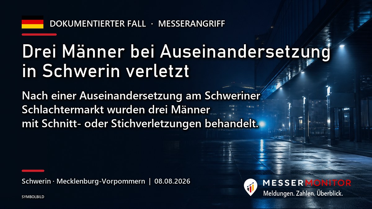 Titelgrafik: Drei Männer bei Auseinandersetzung in Schwerin verletzt. Nach einer Auseinandersetzung am Schweriner Schlachtermarkt wurden drei Männer mit Schnitt- oder Stichverletzungen behandelt..