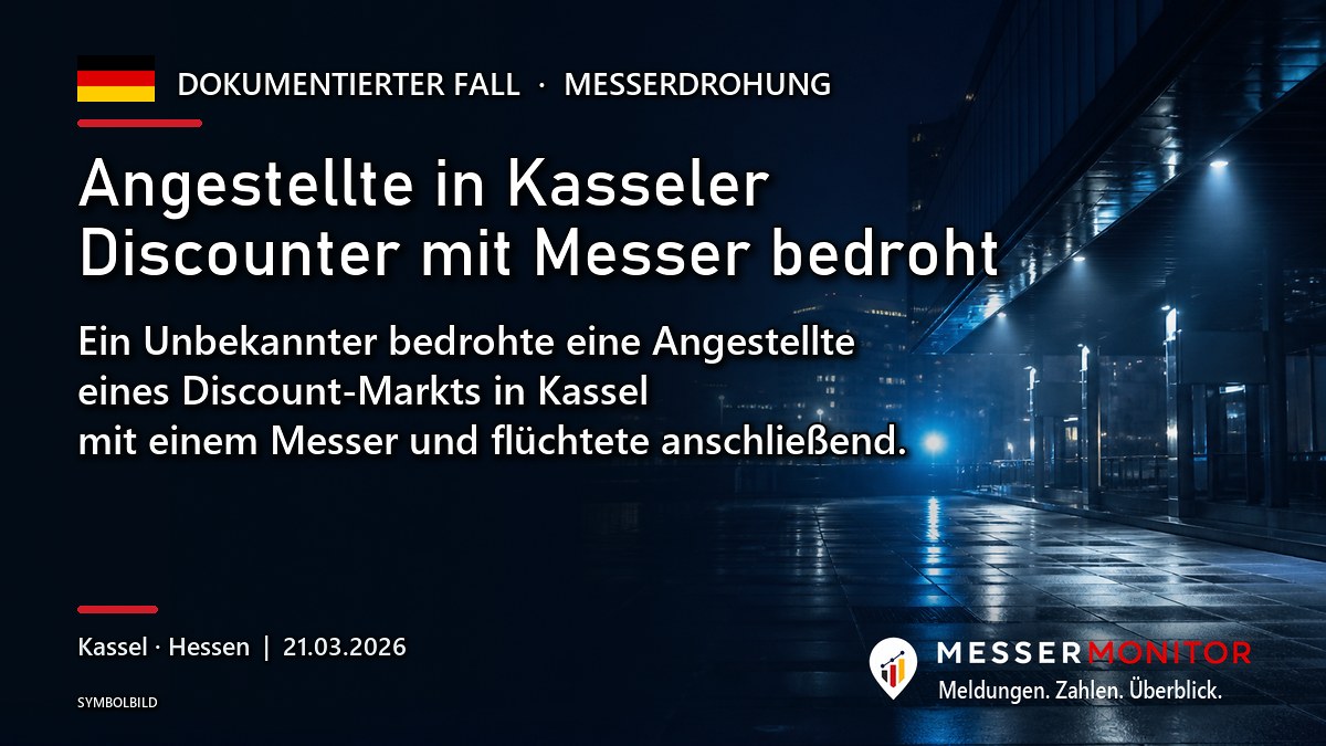 Titelgrafik: Angestellte in Kasseler Discounter mit Messer bedroht. Ein Unbekannter bedrohte eine Angestellte eines Discount-Markts in Kassel mit einem Messer und flüchtete anschließend..