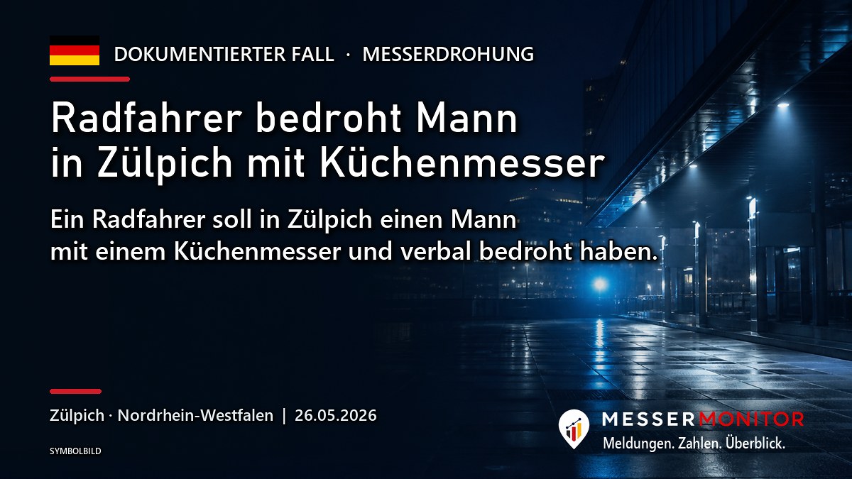 Titelgrafik: Radfahrer bedroht Mann in Zülpich mit Küchenmesser. Ein Radfahrer soll in Zülpich einen Mann mit einem Küchenmesser und verbal bedroht haben..
