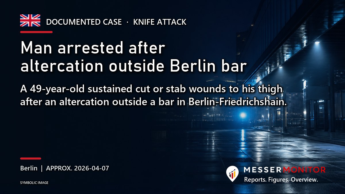 Title image: Man arrested after altercation outside Berlin bar. A 49-year-old sustained cut or stab wounds to his thigh after an altercation outside a bar in Berlin-Friedrichshain..