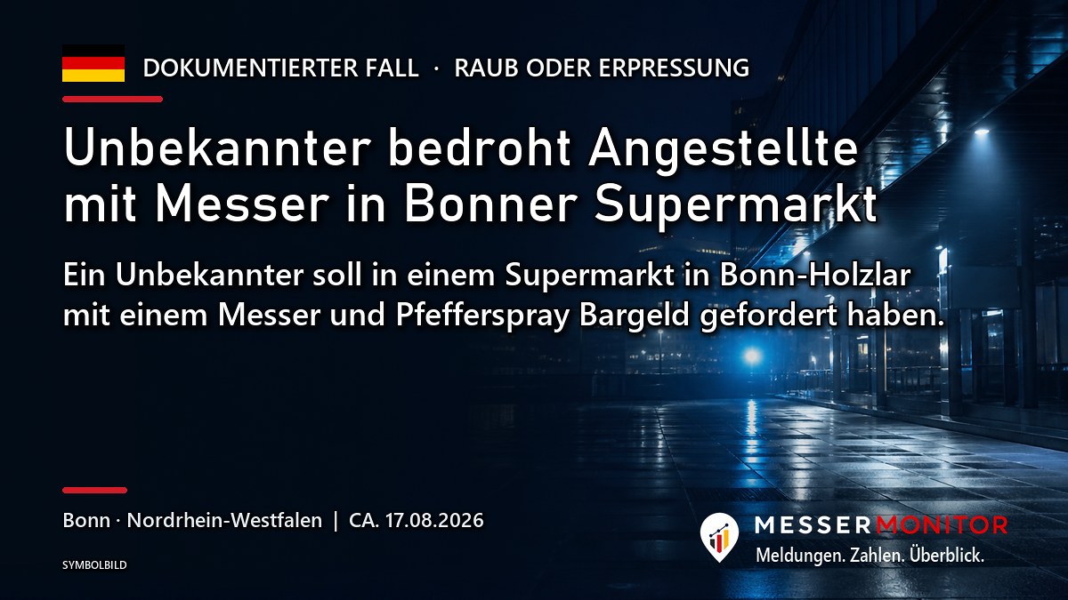 Titelgrafik: Unbekannter bedroht Angestellte mit Messer in Bonner Supermarkt. Ein Unbekannter soll in einem Supermarkt in Bonn-Holzlar mit einem Messer und Pfefferspray Bargeld gefordert haben..