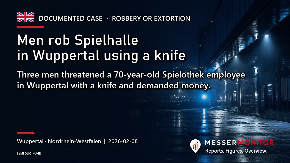 Title image: Men rob Spielhalle in Wuppertal using a knife. Three men threatened a 70-year-old Spielothek employee in Wuppertal with a knife and demanded money..