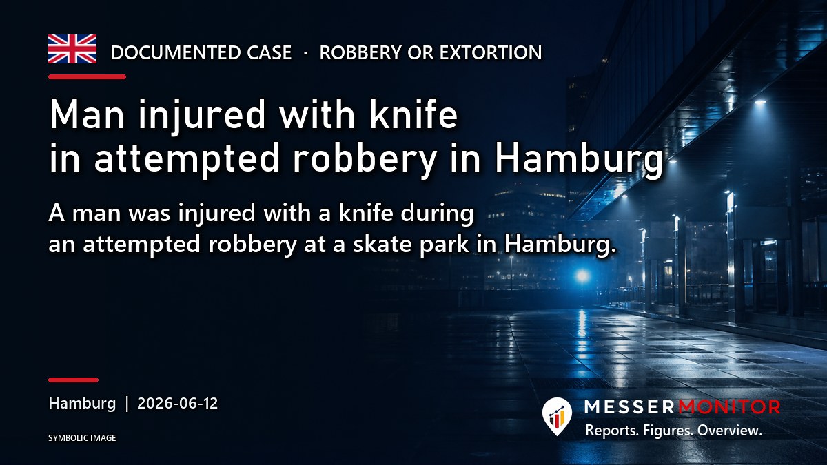 Title image: Man injured with knife in attempted robbery in Hamburg. A man was injured with a knife during an attempted robbery at a skate park in Hamburg..