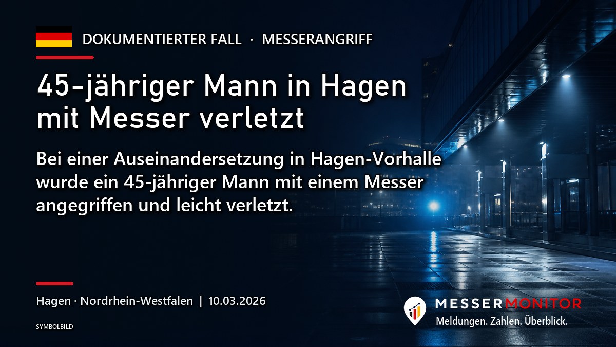 Titelgrafik: 45-jähriger Mann in Hagen mit Messer verletzt. Bei einer Auseinandersetzung in Hagen-Vorhalle wurde ein 45-jähriger Mann mit einem Messer angegriffen und leicht verletzt..