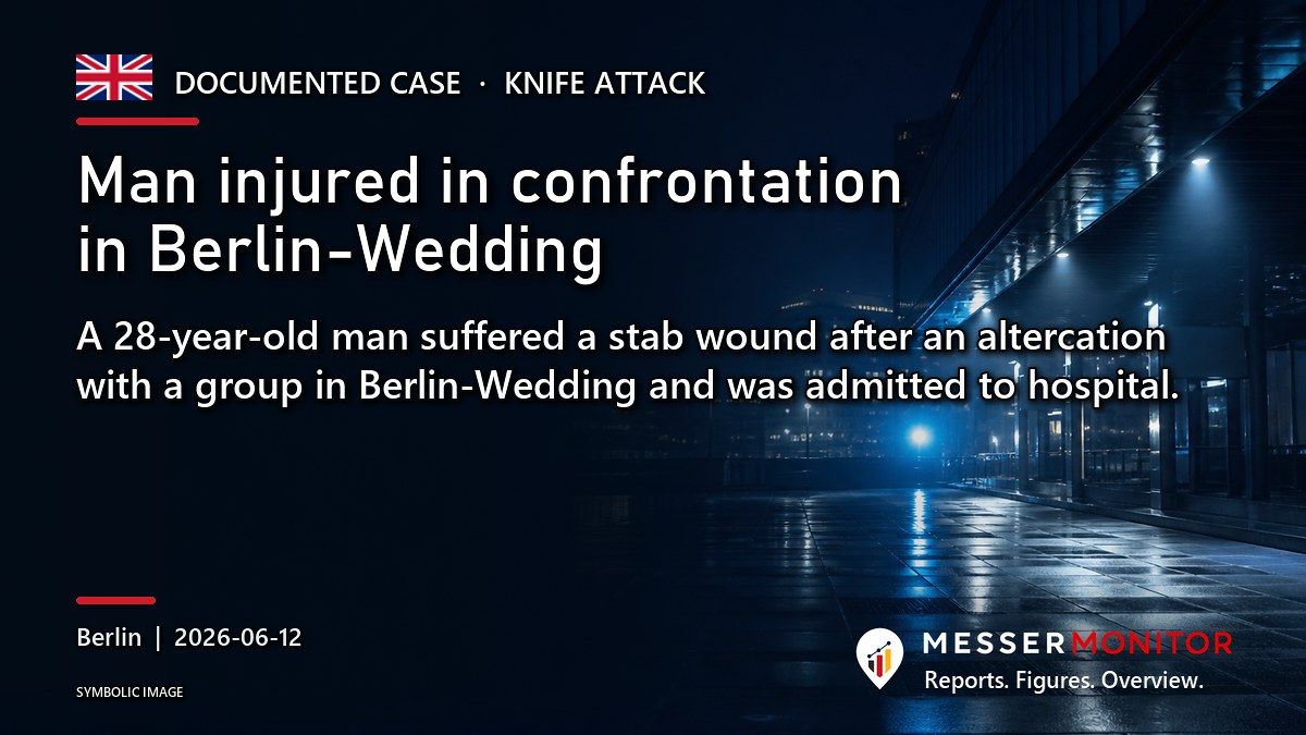 Title image: Man injured in confrontation in Berlin-Wedding. A 28-year-old man suffered a stab wound after an altercation with a group in Berlin-Wedding and was admitted to hospital..