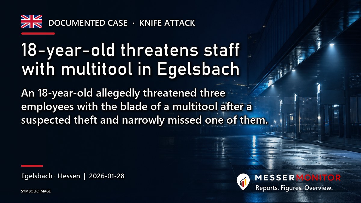 Title image: 18-year-old threatens staff with multitool in Egelsbach. An 18-year-old allegedly threatened three employees with the blade of a multitool after a suspected theft and narrowly missed one of them..