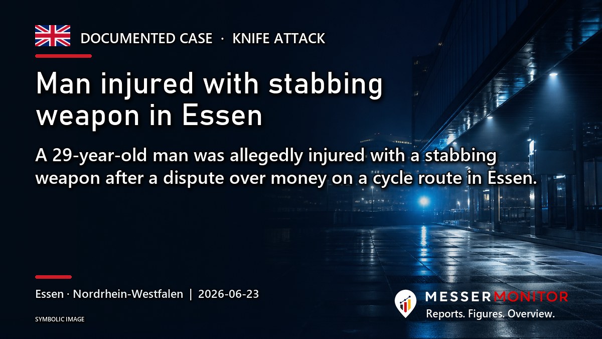 Title image: Man injured with stabbing weapon in Essen. A 29-year-old man was allegedly injured with a stabbing weapon after a dispute over money on a cycle route in Essen..