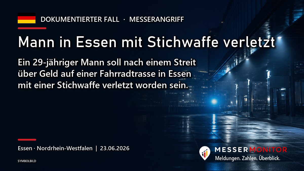 Titelgrafik: Mann in Essen mit Stichwaffe verletzt. Ein 29-jähriger Mann soll nach einem Streit über Geld auf einer Fahrradtrasse in Essen mit einer Stichwaffe verletzt worden sein..