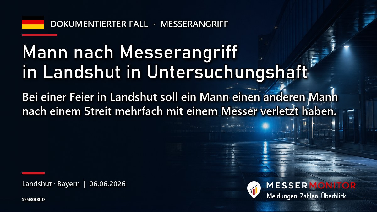 Titelgrafik: Mann nach Messerangriff in Landshut in Untersuchungshaft. Bei einer Feier in Landshut soll ein Mann einen anderen Mann nach einem Streit mehrfach mit einem Messer verletzt haben..