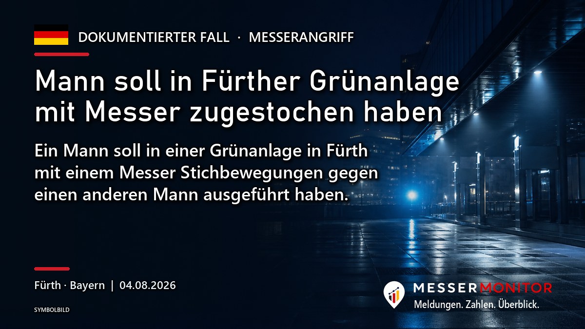 Titelgrafik: Mann soll in Fürther Grünanlage mit Messer zugestochen haben. Ein Mann soll in einer Grünanlage in Fürth mit einem Messer Stichbewegungen gegen einen anderen Mann ausgeführt haben..