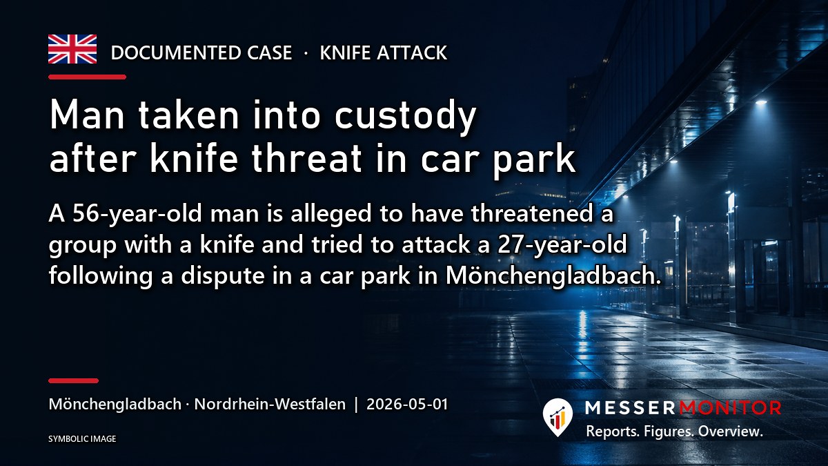 Title image: Man taken into custody after knife threat in car park. A 56-year-old man is alleged to have threatened a group with a knife and tried to attack a 27-year-old following a dispute in a car park in Mönchengladbach..