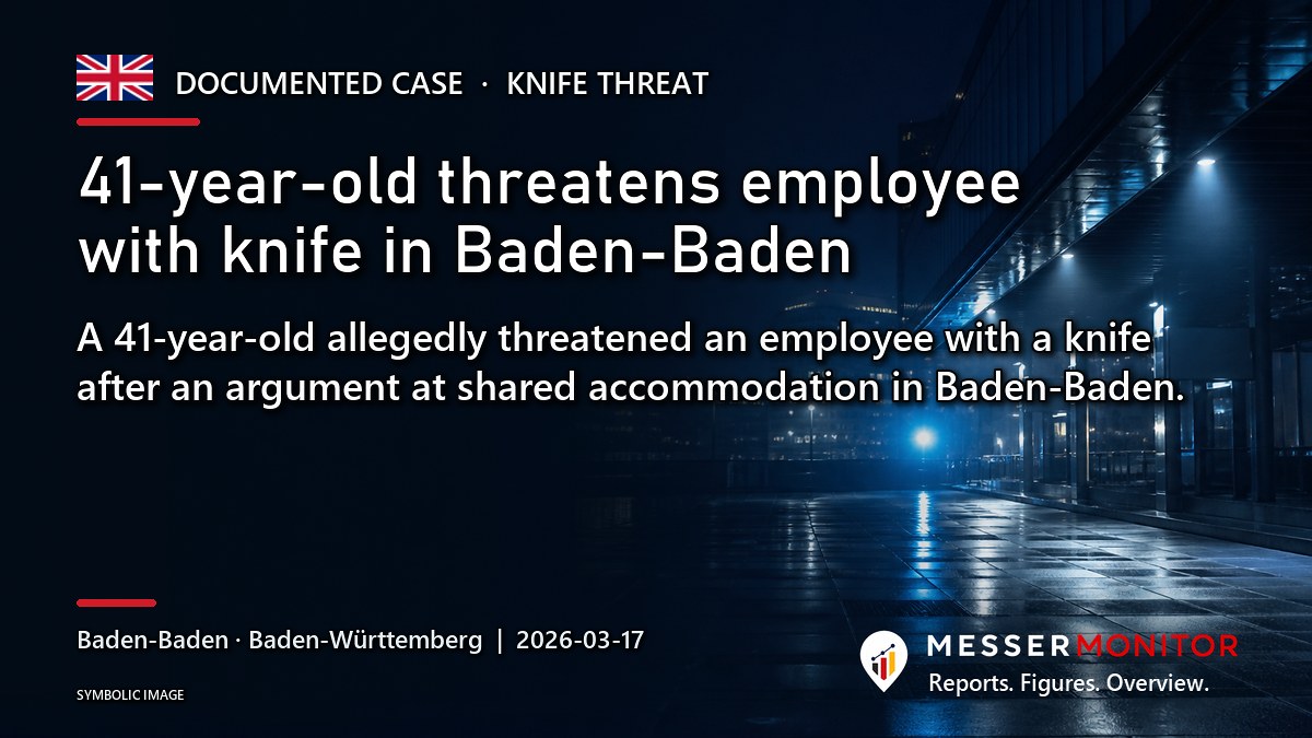 Title image: 41-year-old threatens employee with knife in Baden-Baden. A 41-year-old allegedly threatened an employee with a knife after an argument at shared accommodation in Baden-Baden..