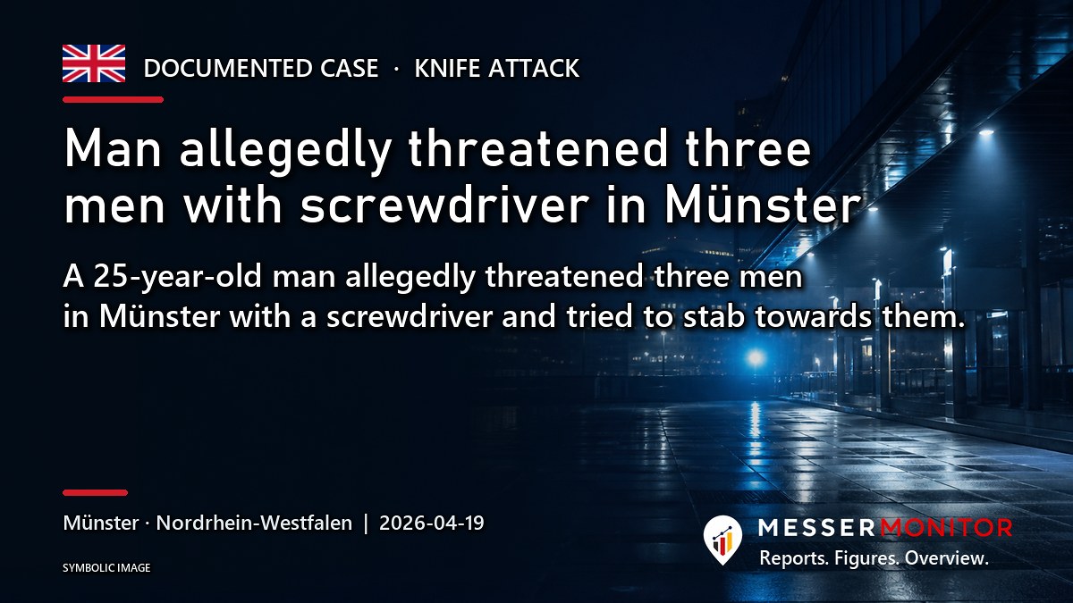Title image: Man allegedly threatened three men with screwdriver in Münster. A 25-year-old man allegedly threatened three men in Münster with a screwdriver and tried to stab towards them..