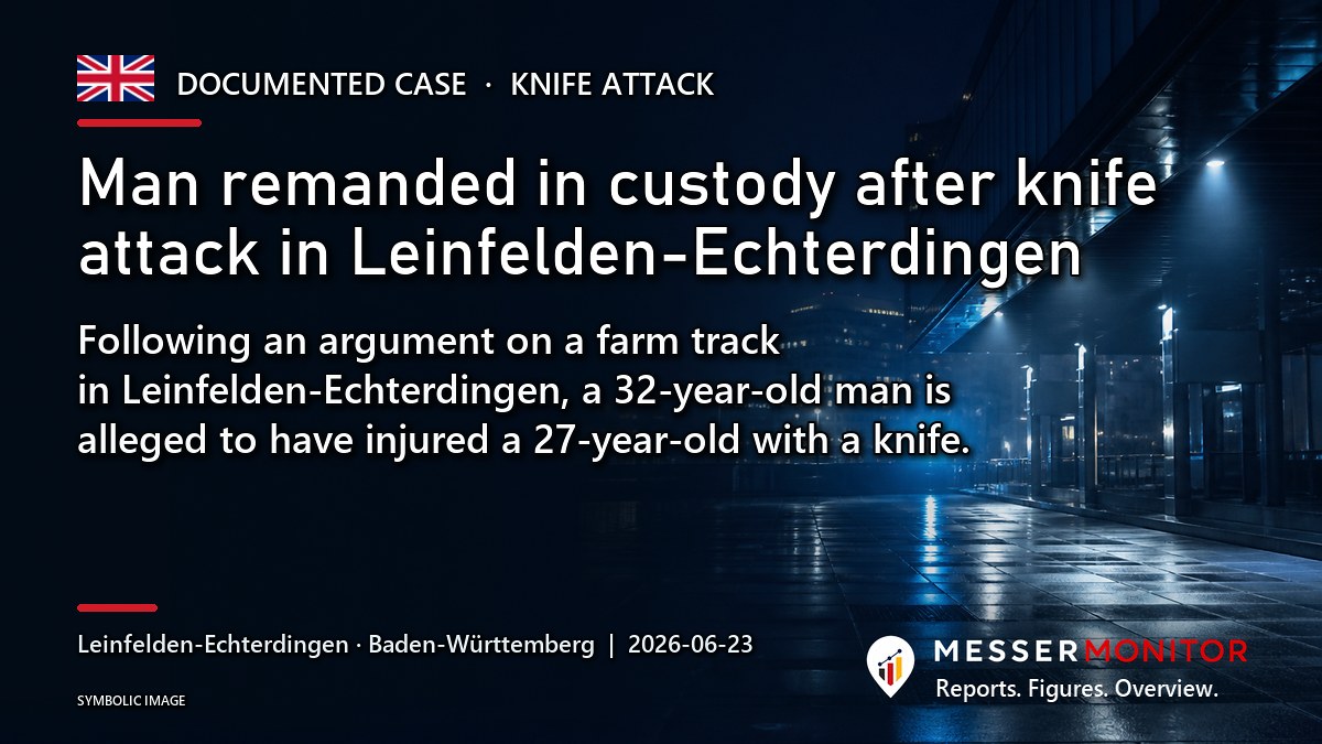 Title image: Man remanded in custody after knife attack in Leinfelden-Echterdingen. Following an argument on a farm track in Leinfelden-Echterdingen, a 32-year-old man is alleged to have injured a 27-year-old with a knife..