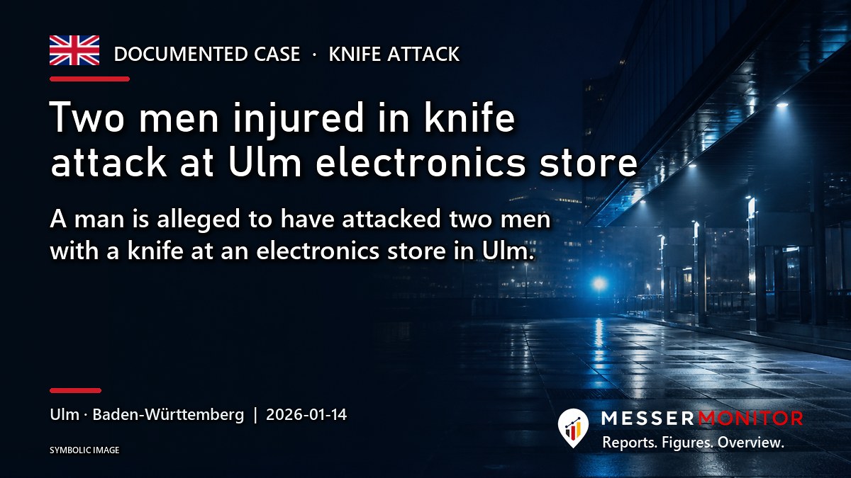 Title image: Two men injured in knife attack at Ulm electronics store. A man is alleged to have attacked two men with a knife at an electronics store in Ulm..