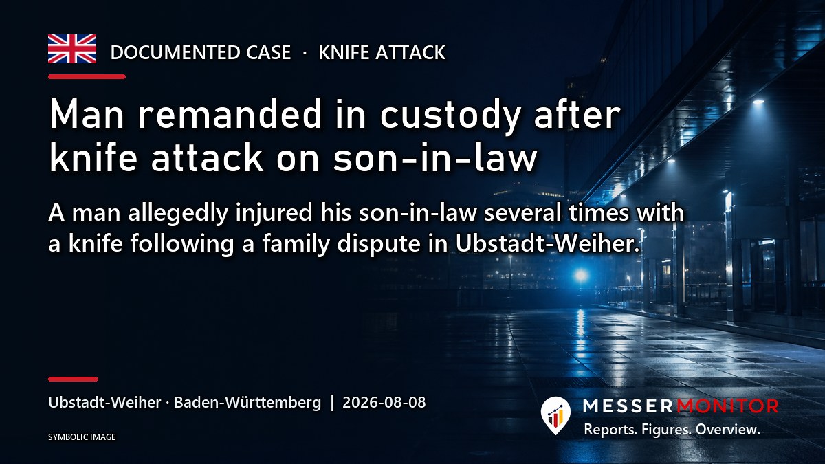Title image: Man remanded in custody after knife attack on son-in-law. A man allegedly injured his son-in-law several times with a knife following a family dispute in Ubstadt-Weiher..