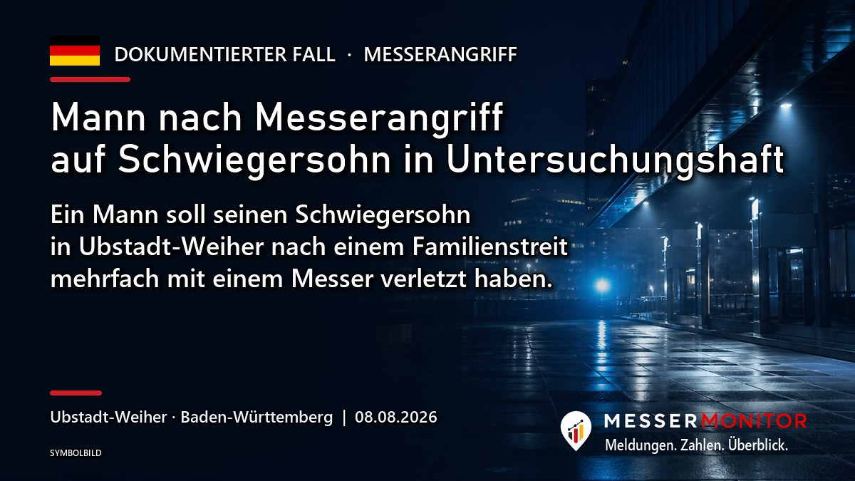 Titelgrafik: Mann nach Messerangriff auf Schwiegersohn in Untersuchungshaft. Ein Mann soll seinen Schwiegersohn in Ubstadt-Weiher nach einem Familienstreit mehrfach mit einem Messer verletzt haben..