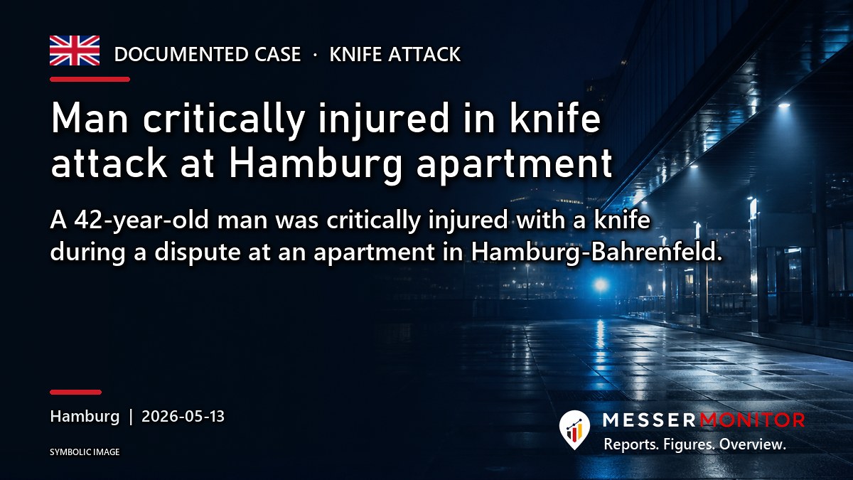 Title image: Man critically injured in knife attack at Hamburg apartment. A 42-year-old man was critically injured with a knife during a dispute at an apartment in Hamburg-Bahrenfeld..