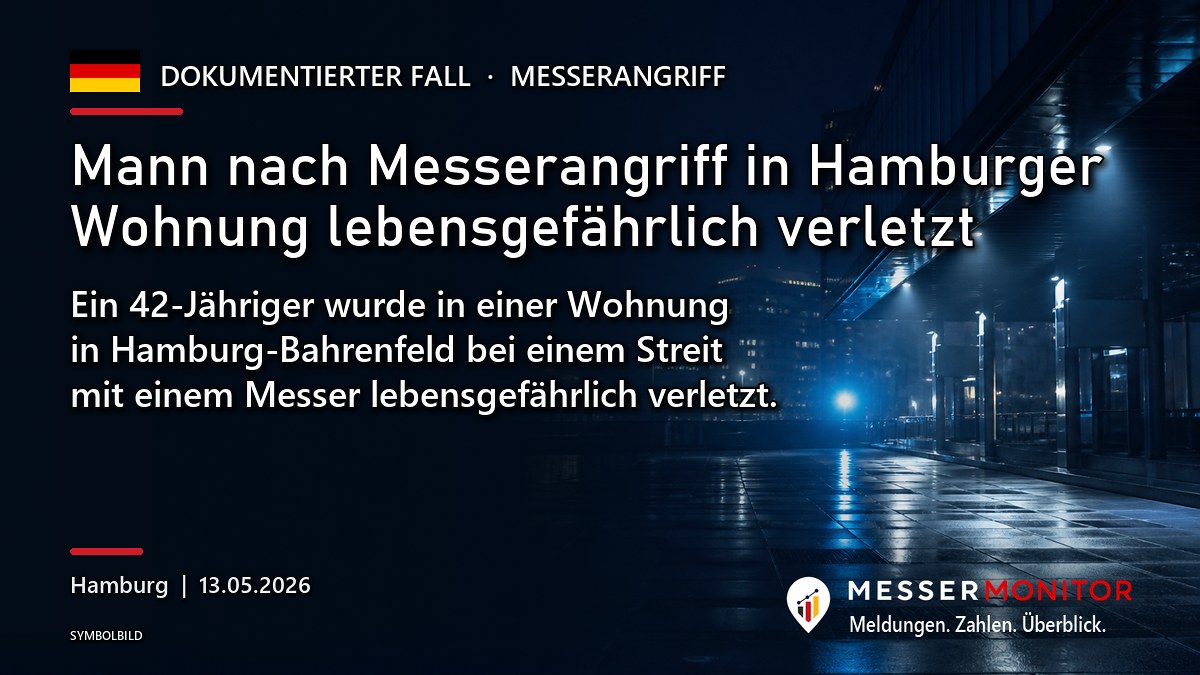 Titelgrafik: Mann nach Messerangriff in Hamburger Wohnung lebensgefährlich verletzt. Ein 42-Jähriger wurde in einer Wohnung in Hamburg-Bahrenfeld bei einem Streit mit einem Messer lebensgefährlich verletzt..