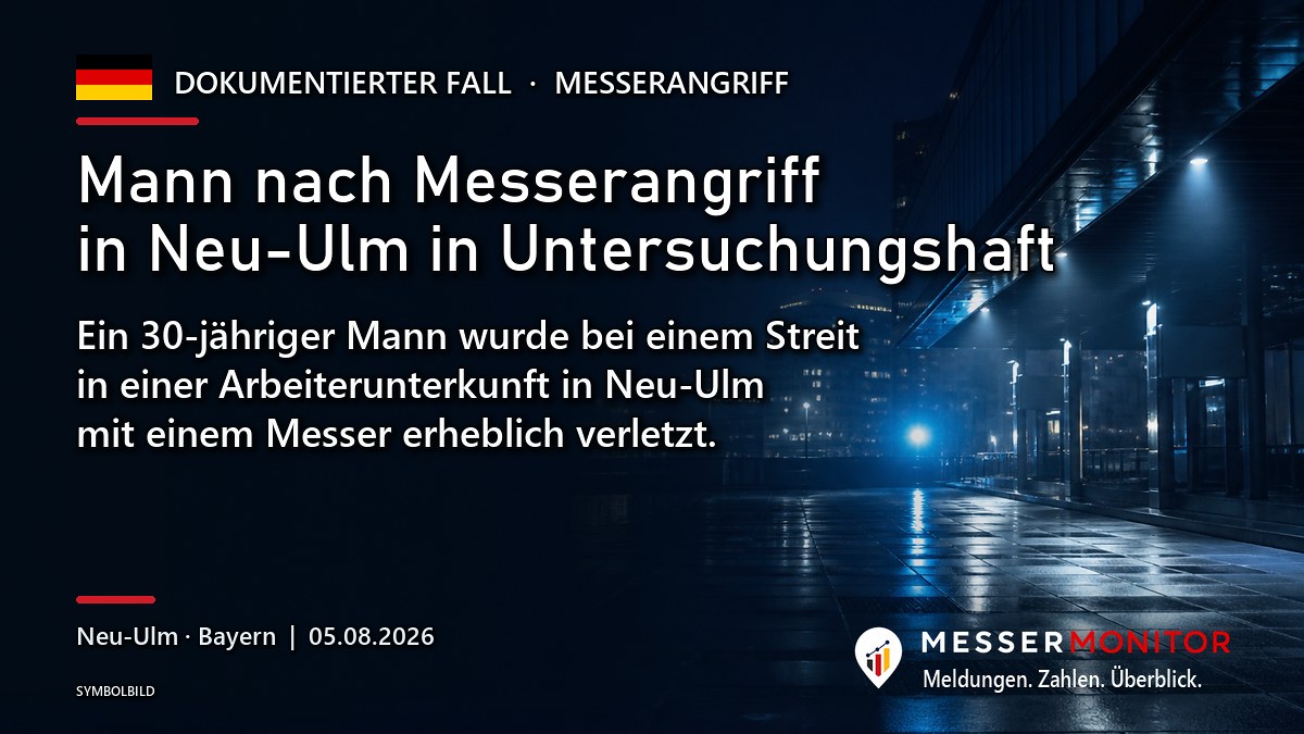 Titelgrafik: Mann nach Messerangriff in Neu-Ulm in Untersuchungshaft. Ein 30-jähriger Mann wurde bei einem Streit in einer Arbeiterunterkunft in Neu-Ulm mit einem Messer erheblich verletzt..
