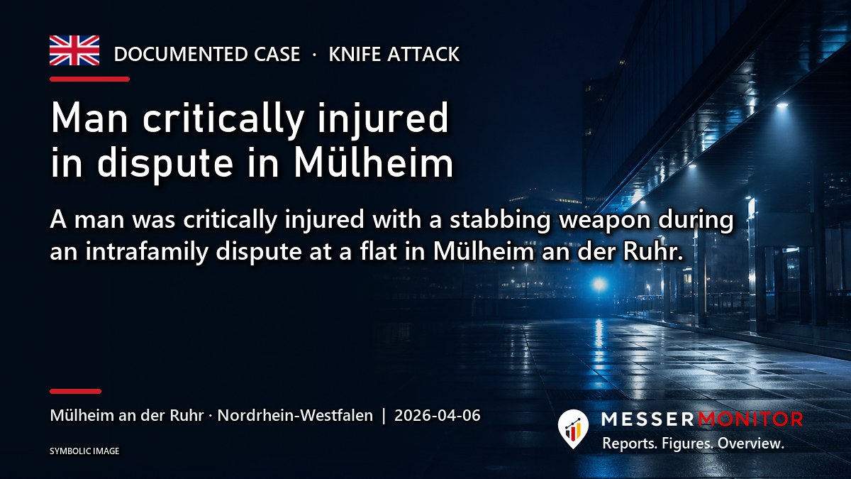 Title image: Man critically injured in dispute in Mülheim. A man was critically injured with a stabbing weapon during an intrafamily dispute at a flat in Mülheim an der Ruhr..