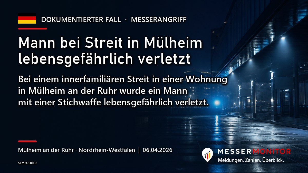Titelgrafik: Mann bei Streit in Mülheim lebensgefährlich verletzt. Bei einem innerfamiliären Streit in einer Wohnung in Mülheim an der Ruhr wurde ein Mann mit einer Stichwaffe lebensgefährlich verletzt..