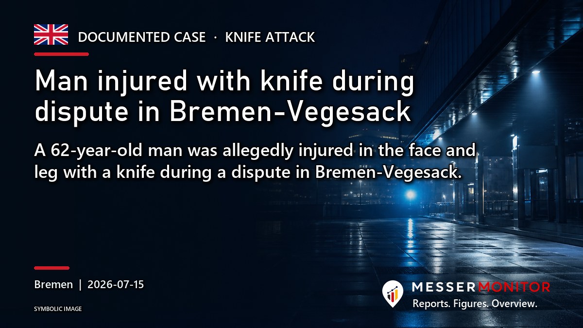 Title image: Man injured with knife during dispute in Bremen-Vegesack. A 62-year-old man was allegedly injured in the face and leg with a knife during a dispute in Bremen-Vegesack..