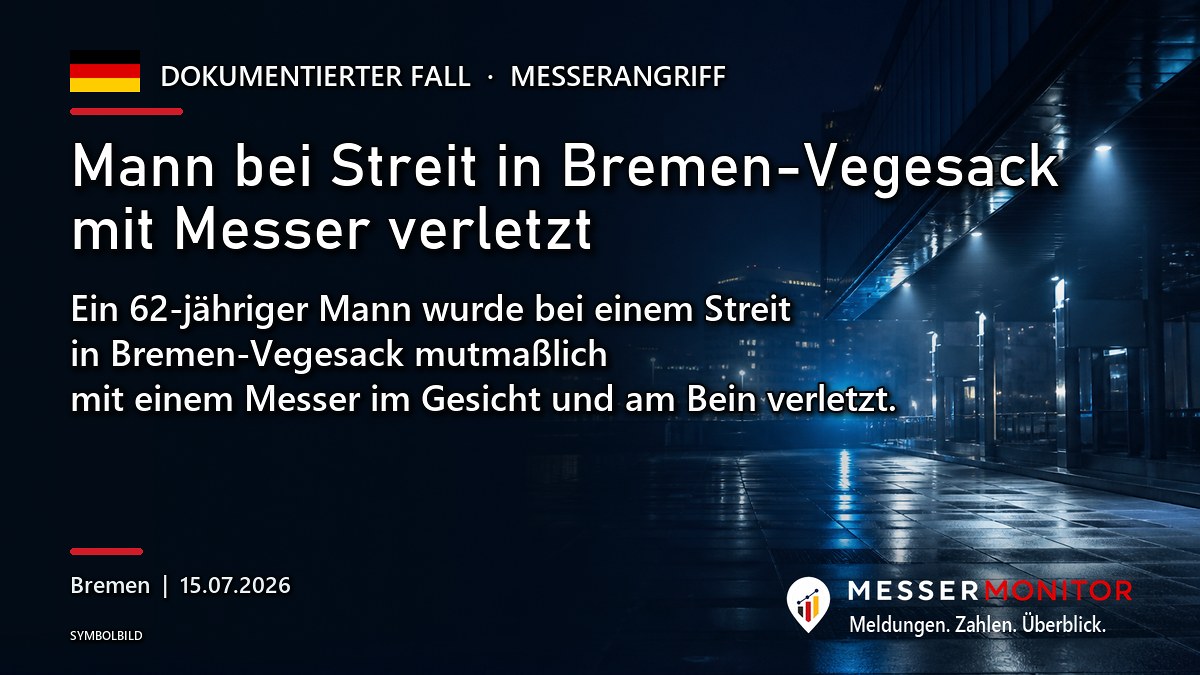Titelgrafik: Mann bei Streit in Bremen-Vegesack mit Messer verletzt. Ein 62-jähriger Mann wurde bei einem Streit in Bremen-Vegesack mutmaßlich mit einem Messer im Gesicht und am Bein verletzt..