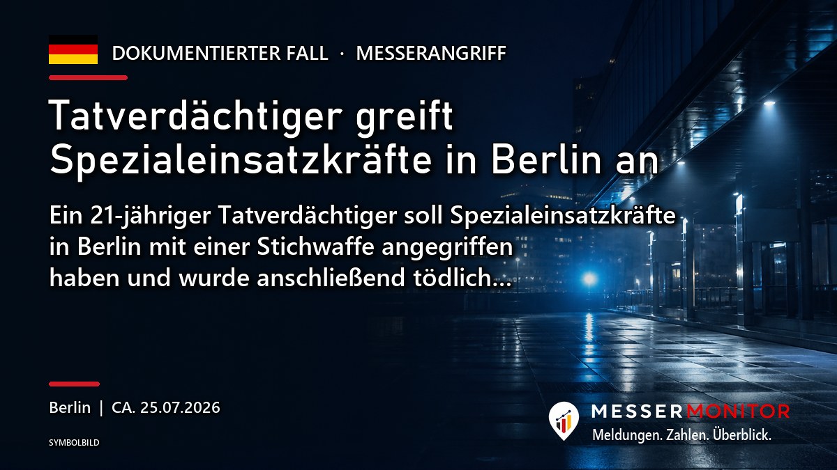 Titelgrafik: Tatverdächtiger greift Spezialeinsatzkräfte in Berlin an. Ein 21-jähriger Tatverdächtiger soll Spezialeinsatzkräfte in Berlin mit einer Stichwaffe angegriffen haben und wurde anschließend tödlich….