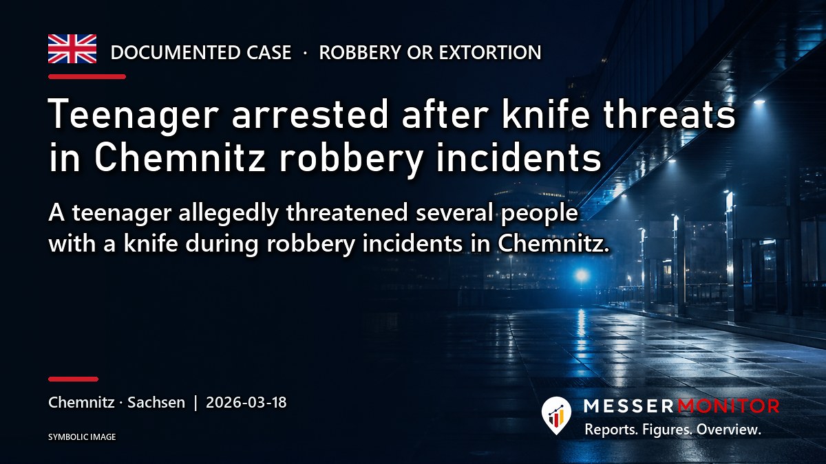 Title image: Teenager arrested after knife threats in Chemnitz robbery incidents. A teenager allegedly threatened several people with a knife during robbery incidents in Chemnitz..