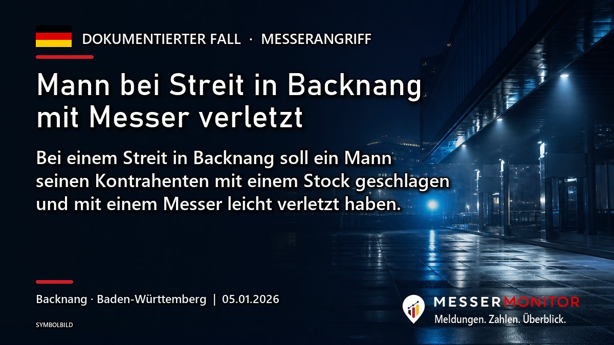 Titelgrafik: Mann bei Streit in Backnang mit Messer verletzt. Bei einem Streit in Backnang soll ein Mann seinen Kontrahenten mit einem Stock geschlagen und mit einem Messer leicht verletzt haben..