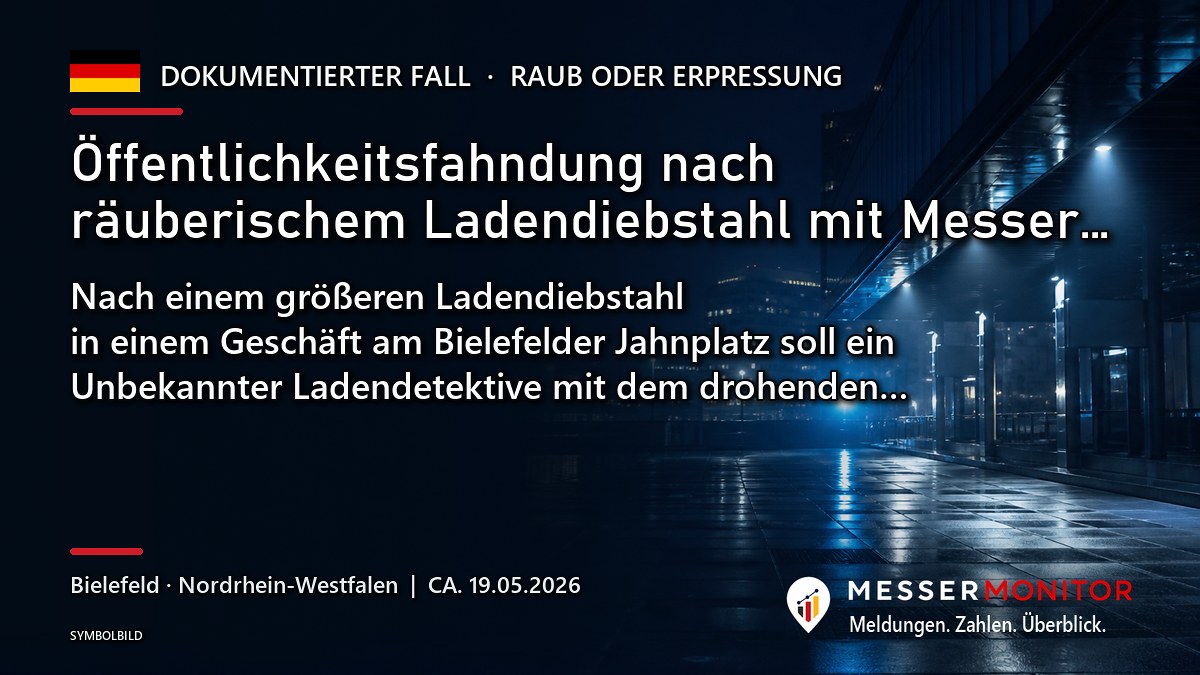 Titelgrafik: Öffentlichkeitsfahndung nach räuberischem Ladendiebstahl mit Messer…. Nach einem größeren Ladendiebstahl in einem Geschäft am Bielefelder Jahnplatz soll ein Unbekannter Ladendetektive mit dem drohenden….