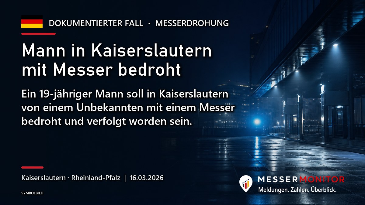 Titelgrafik: Mann in Kaiserslautern mit Messer bedroht. Ein 19-jähriger Mann soll in Kaiserslautern von einem Unbekannten mit einem Messer bedroht und verfolgt worden sein..
