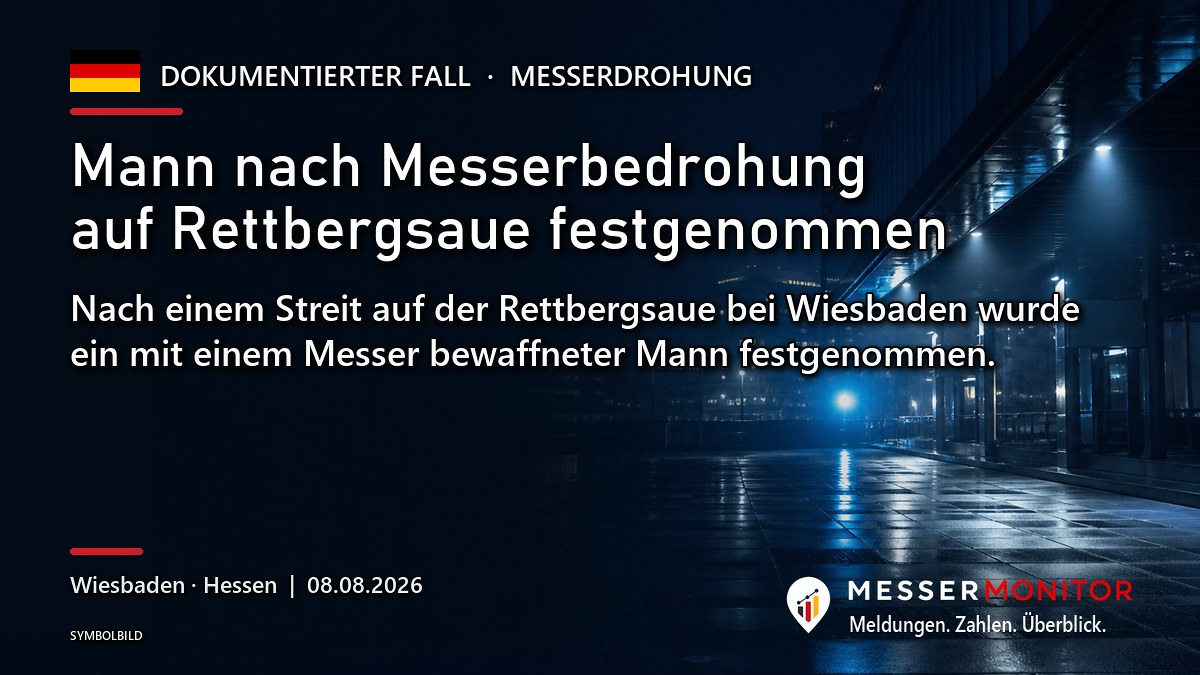 Titelgrafik: Mann nach Messerbedrohung auf Rettbergsaue festgenommen. Nach einem Streit auf der Rettbergsaue bei Wiesbaden wurde ein mit einem Messer bewaffneter Mann festgenommen..