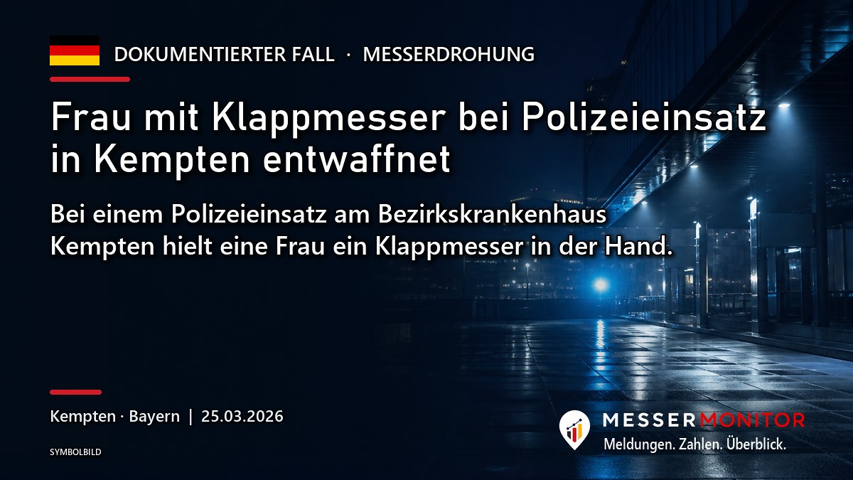 Titelgrafik: Frau mit Klappmesser bei Polizeieinsatz in Kempten entwaffnet. Bei einem Polizeieinsatz am Bezirkskrankenhaus Kempten hielt eine Frau ein Klappmesser in der Hand..