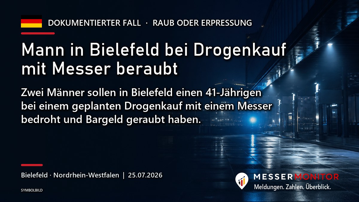 Titelgrafik: Mann in Bielefeld bei Drogenkauf mit Messer beraubt. Zwei Männer sollen in Bielefeld einen 41-Jährigen bei einem geplanten Drogenkauf mit einem Messer bedroht und Bargeld geraubt haben..