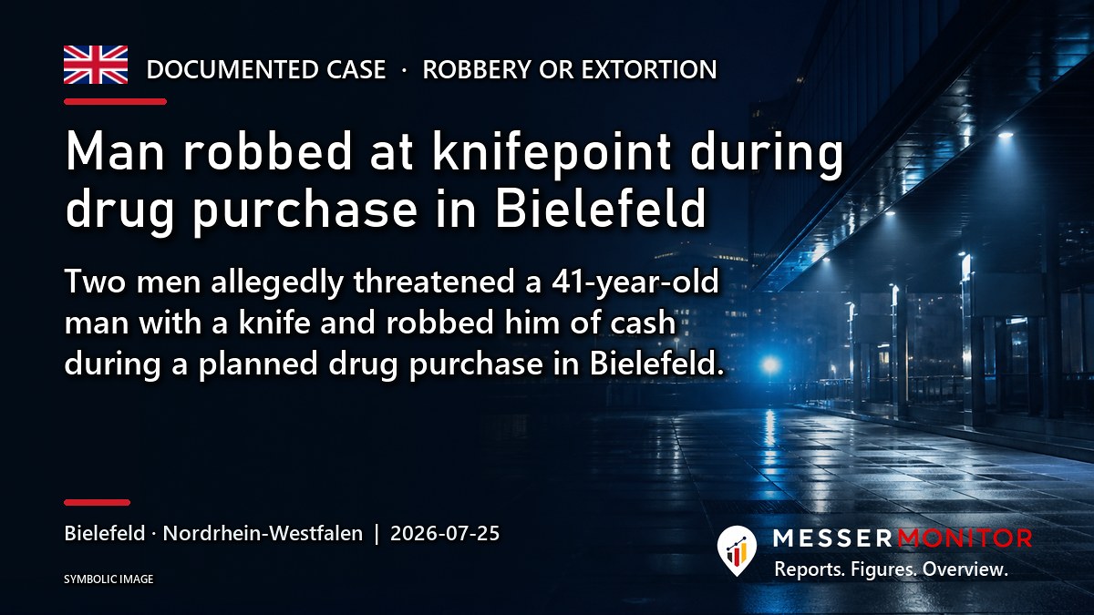 Title image: Man robbed at knifepoint during drug purchase in Bielefeld. Two men allegedly threatened a 41-year-old man with a knife and robbed him of cash during a planned drug purchase in Bielefeld..