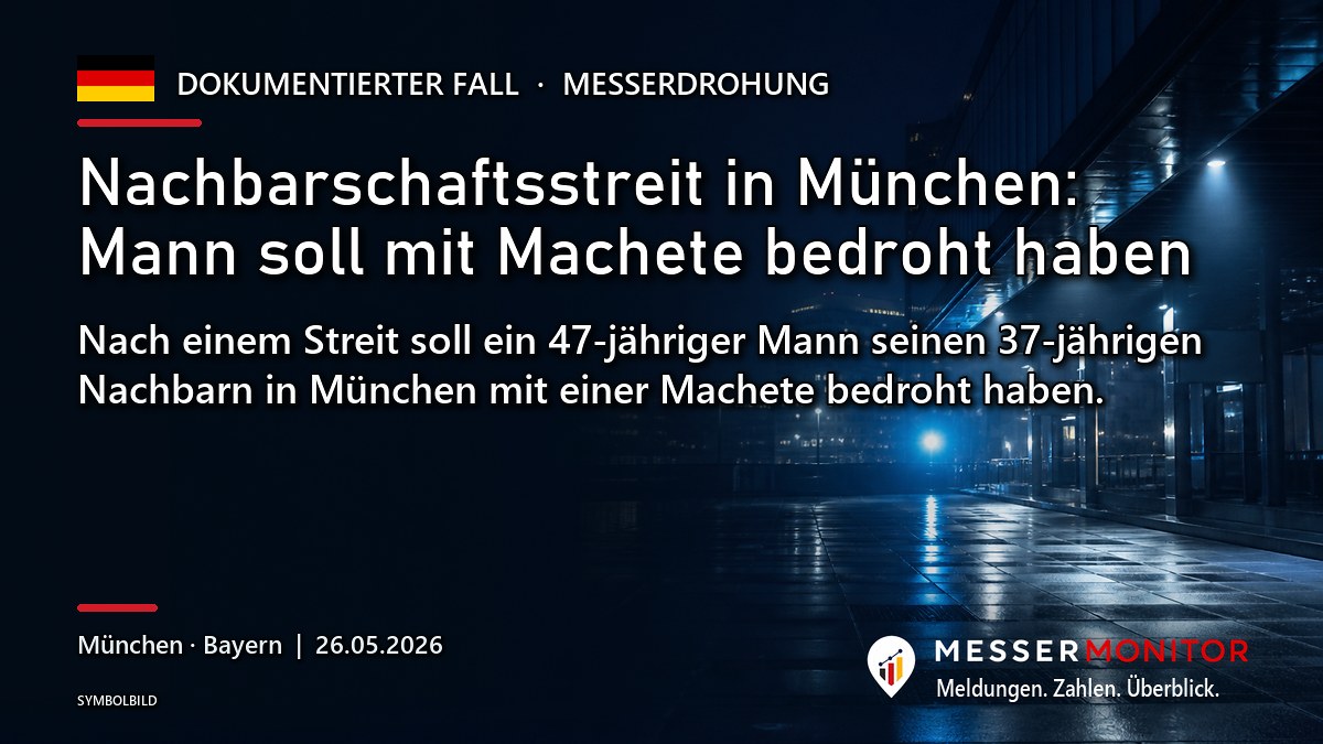 Titelgrafik: Nachbarschaftsstreit in München: Mann soll mit Machete bedroht haben. Nach einem Streit soll ein 47-jähriger Mann seinen 37-jährigen Nachbarn in München mit einer Machete bedroht haben..
