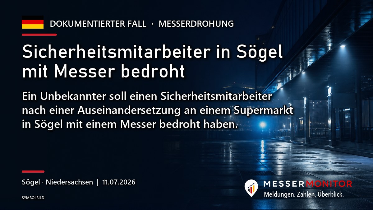 Titelgrafik: Sicherheitsmitarbeiter in Sögel mit Messer bedroht. Ein Unbekannter soll einen Sicherheitsmitarbeiter nach einer Auseinandersetzung an einem Supermarkt in Sögel mit einem Messer bedroht haben..