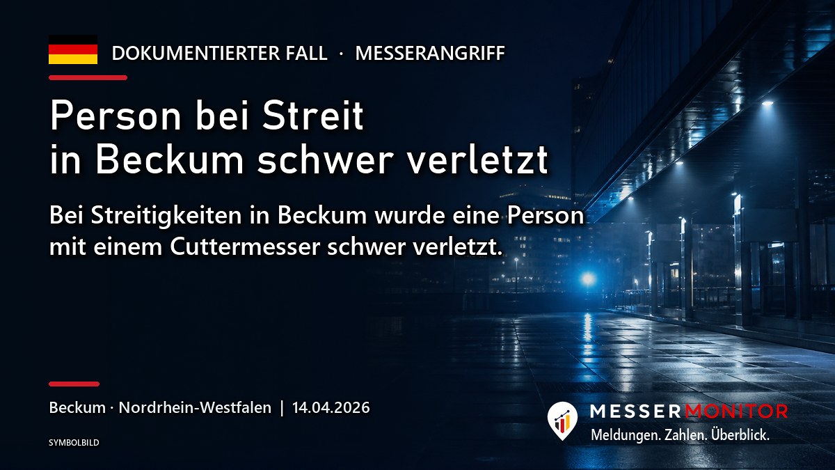 Titelgrafik: Person bei Streit in Beckum schwer verletzt. Bei Streitigkeiten in Beckum wurde eine Person mit einem Cuttermesser schwer verletzt..
