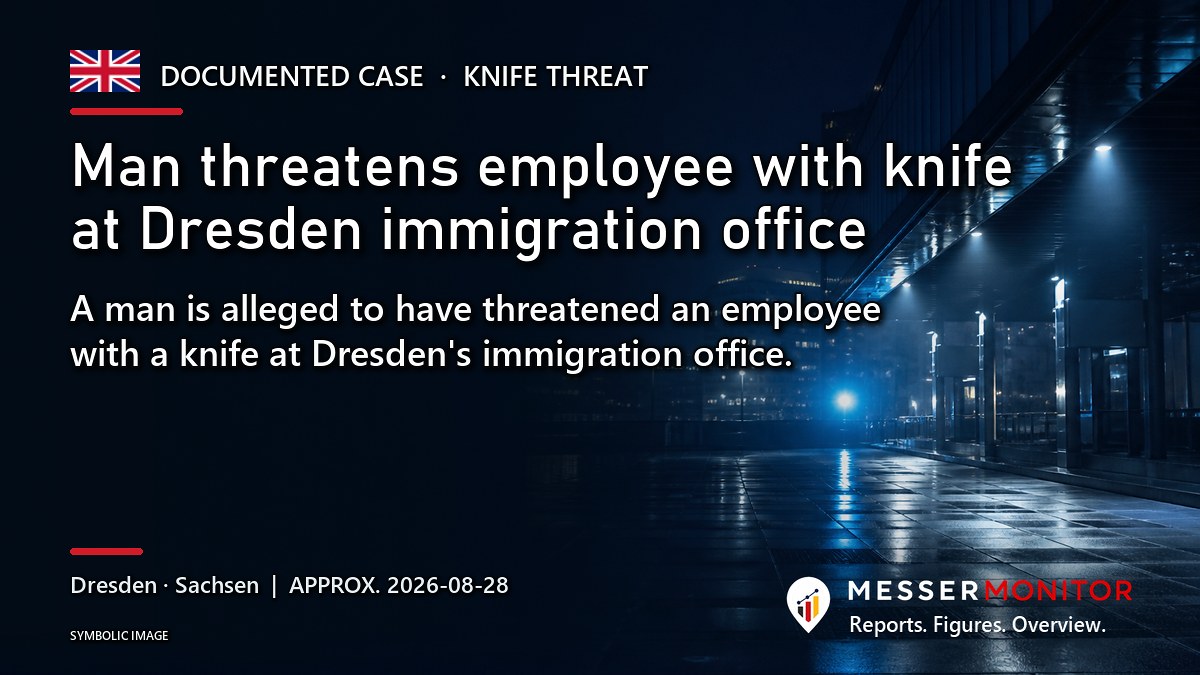 Title image: Man threatens employee with knife at Dresden immigration office. A man is alleged to have threatened an employee with a knife at Dresden's immigration office..