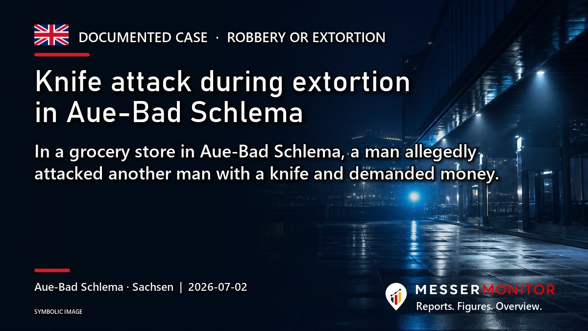 Title image: Knife attack during extortion in Aue-Bad Schlema. In a grocery store in Aue-Bad Schlema, a man allegedly attacked another man with a knife and demanded money..