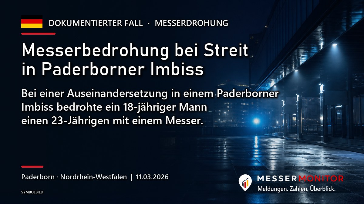 Titelgrafik: Messerbedrohung bei Streit in Paderborner Imbiss. Bei einer Auseinandersetzung in einem Paderborner Imbiss bedrohte ein 18-jähriger Mann einen 23-Jährigen mit einem Messer..