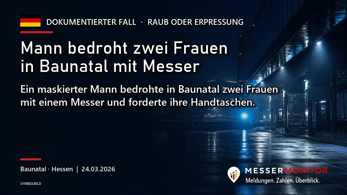 Titelgrafik: Mann bedroht zwei Frauen in Baunatal mit Messer. Ein maskierter Mann bedrohte in Baunatal zwei Frauen mit einem Messer und forderte ihre Handtaschen..