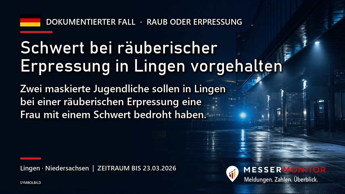 Titelgrafik: Schwert bei räuberischer Erpressung in Lingen vorgehalten. Zwei maskierte Jugendliche sollen in Lingen bei einer räuberischen Erpressung eine Frau mit einem Schwert bedroht haben..