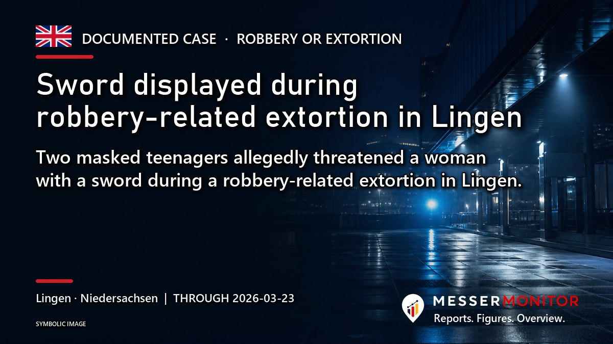 Title image: Sword displayed during robbery-related extortion in Lingen. Two masked teenagers allegedly threatened a woman with a sword during a robbery-related extortion in Lingen..