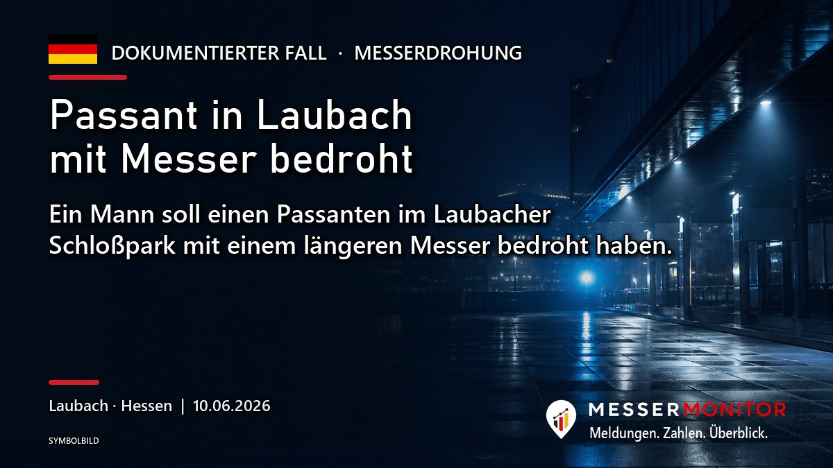 Titelgrafik: Passant in Laubach mit Messer bedroht. Ein Mann soll einen Passanten im Laubacher Schloßpark mit einem längeren Messer bedroht haben..